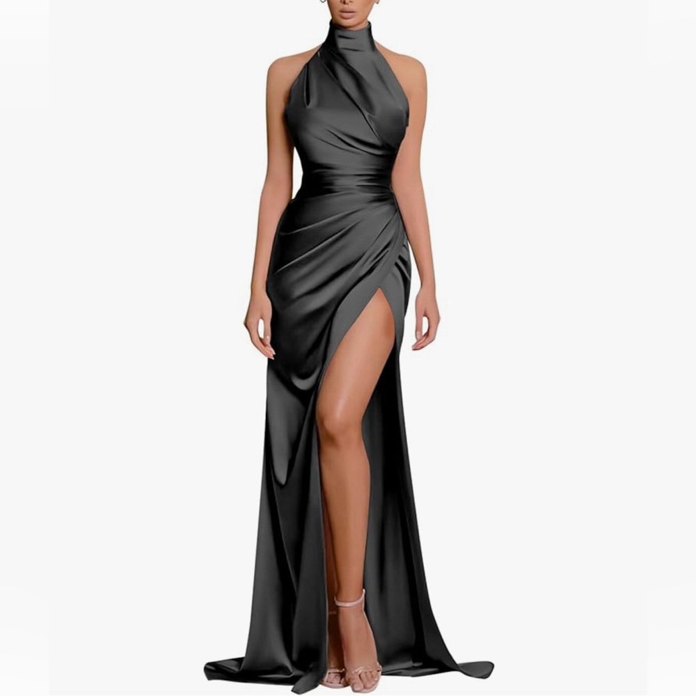Black Satin Halter formal Dress with Lace Up Back